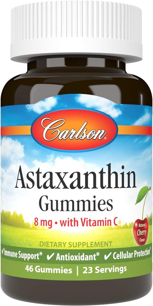 Carlson - Astaxanthin Gummies, con vitamina C, Immune Support, Antioxidante, Heart Health, Non-GMO, Cherry Flavor, 46 Vegetarian Gummies