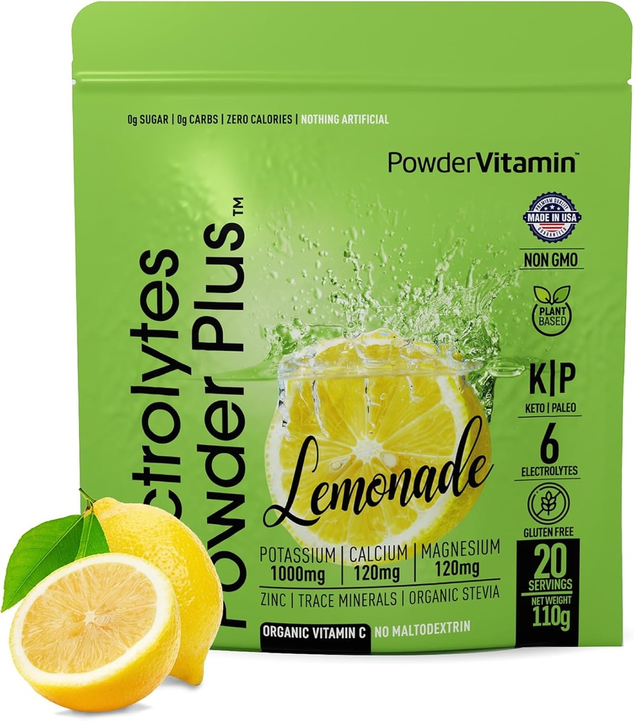 PowderVitamin Electrolytes Powder Plus (20 Servings) Lemonade Electrolyte Powder, No Maltodextrin, Keto,Sugar Gratis,Pink Himalayan Salt,1000mg Potasio, 120mg Calcium,120mg Magnesium,Hydration Powder
