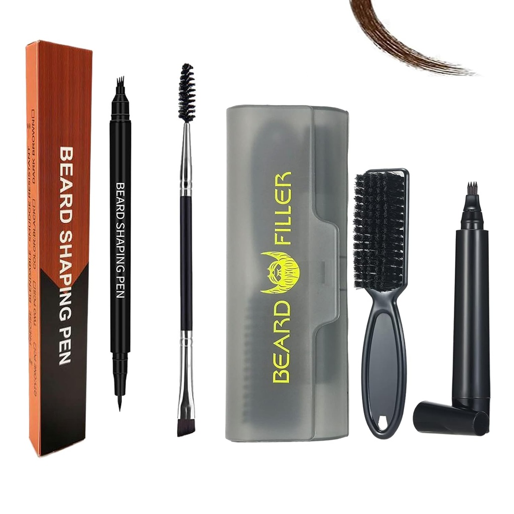Pápiz de barba Filler para hombres, kit de pluma de barba de Hysotok relleno de la barba, WaterProof Sweat Proof Long Latiga de barba dura, cepillo de barba doble extremo para hombres bigote Forma de reparación (marrón oscuro)