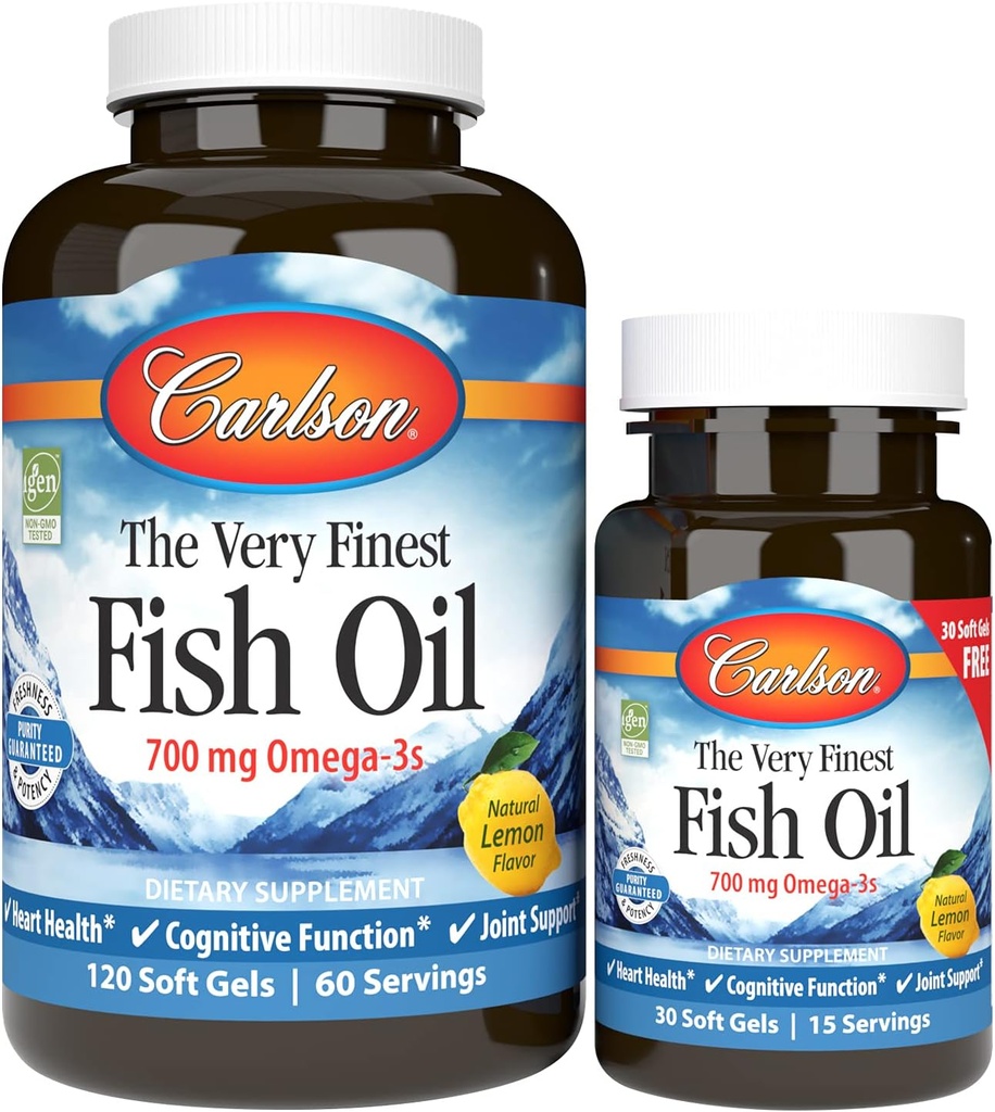 Carlson - El aceite de pescado muy fino, 700 mg Omega-3, noruego, Fuente sostenible, Lemon, 150 Conde