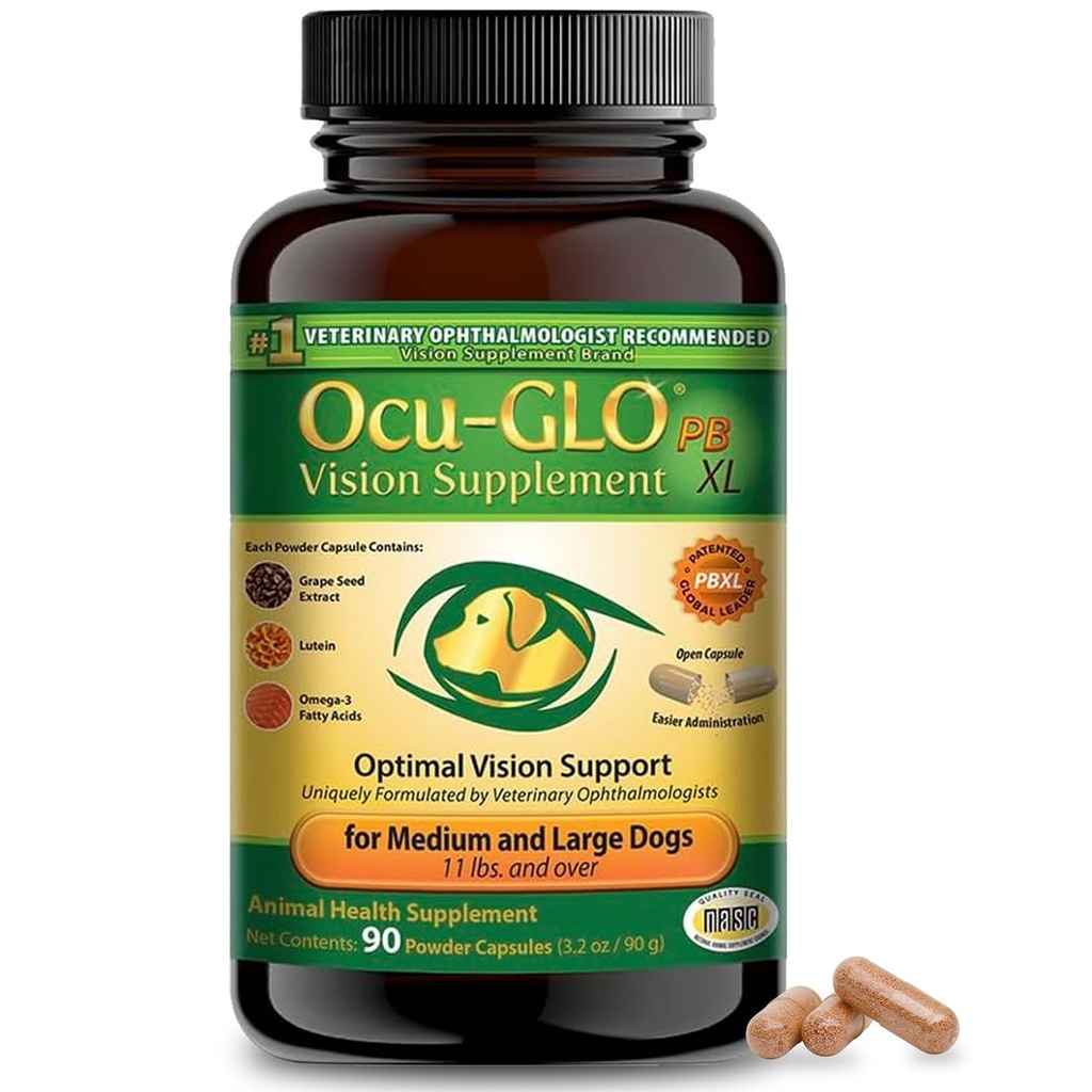 Ocu-GLO PB Vision Supplement for Medium & Large Dogs – Easy to Administer Powder Blend with Lutein, Omega-3 Fatty Acids, Grape Seed Extract & Antioxidants to Promote Eye Health, 90ct Powder Capsules