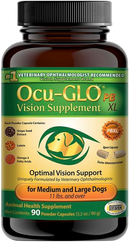 Ocu-GLO PB Vision Supplement for Medium & Large Dogs – Easy to Administer Powder Blend with Lutein, Omega-3 Fatty Acids, Grape Seed Extract & Antioxidants to Promote Eye Health, 90ct Powder Capsules