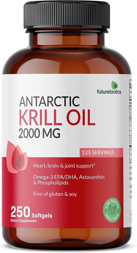 Futurobióticos Aceite de Krill Antártico 2000mg con Astaxanthin, Omega-3s EPA, DHA y fosfolípidos - 100% Aceite de Krill Premium puro de metal pesado, no GMO – 250 Softgels