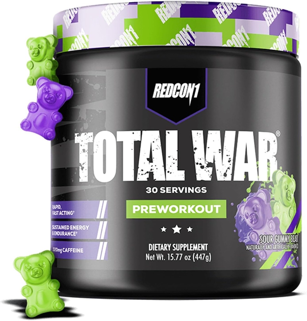 REDCON1 Total War Pre Workout, Sour Gummy Bear - Contiene 320 mg de Caffeine de Green Tea, Juniper & Beta Alanine - Pre Work Out with Amino Acids to Increase Pump, Energy + Endurance (30 Servings)