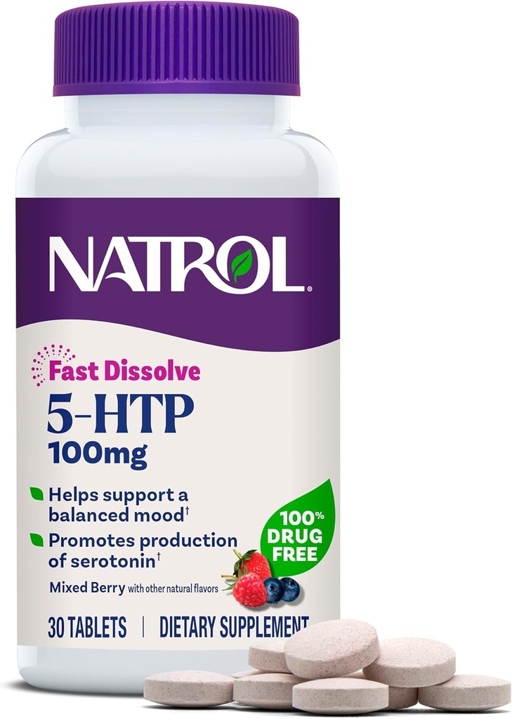 Natrol 5-HTP 100 mg, Fast Dissolve Supplement, Supports a Balanced Mood, Serotonin Production and General Well-Being, 30 Mixed Berry Tablets, Hasta 30 Day Supply