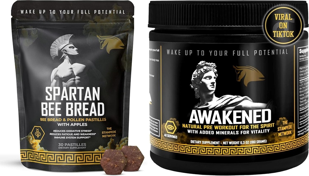 La red de Stampede Awakened Natural Pre Workout Powder &amp; Spartan Bee Bread Chewables Natural Multivitamin Bundle