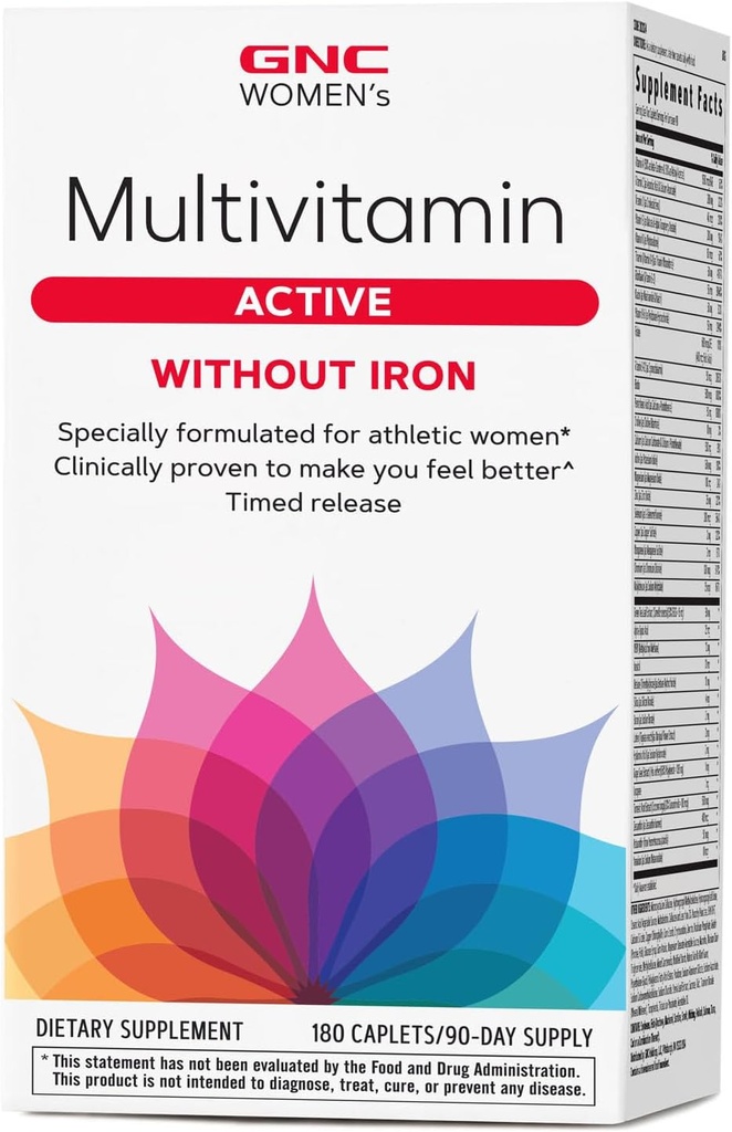 Multivitamina de GNC Mujeres Activo Sin Hierro, Apoya un Estilo de Vida Activo, 30+ Fórmula Nutriente, Promueve Bone & Conjunto Salud, Ayuda a la Producción Energética, 180 Caplets