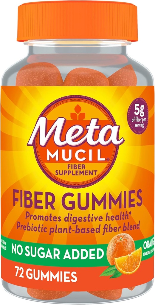 Gafas de fibra de metamucil para adultos, No azúcar añadido sabor a naranja, 5g suplemento de fibra prebiótica de base vegetal Blend, 72 conde