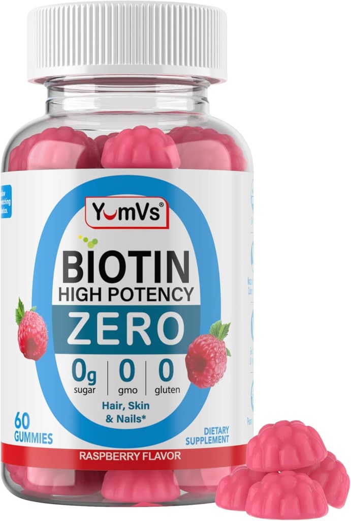 Biotina Gummies Azúcar Gratis – 5000 mcg Biotina de alta potencia para el cabello, piel & uñas – Cero Azúcar, no GMO, Gluten Free, Vegan Raspberry Gummies – 60 Condes