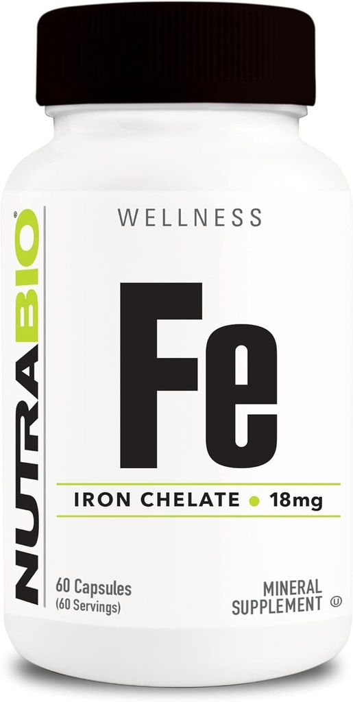 NutraBio Iron Chelate (18mg)- Suplementos de hierro para hombres y mujeres- Ferrous Bisglycinate Chelate, apoya la salud de la célula de sangre roja, 60 cápsulas