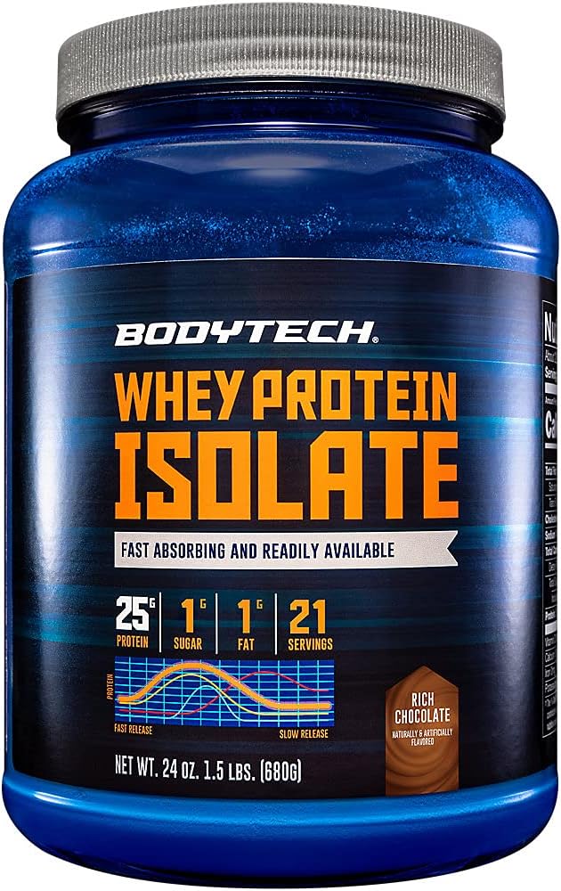 BODYTECH Whey Protein Isolate Powder - 25 Grams of Protein per Serving, Ideal para el Construcción y Crecimiento del Musculo Post-Workout, Rich Chocolate Flavor, Contiene Milk & Soy (1.5 Pound/ 21 Servings)