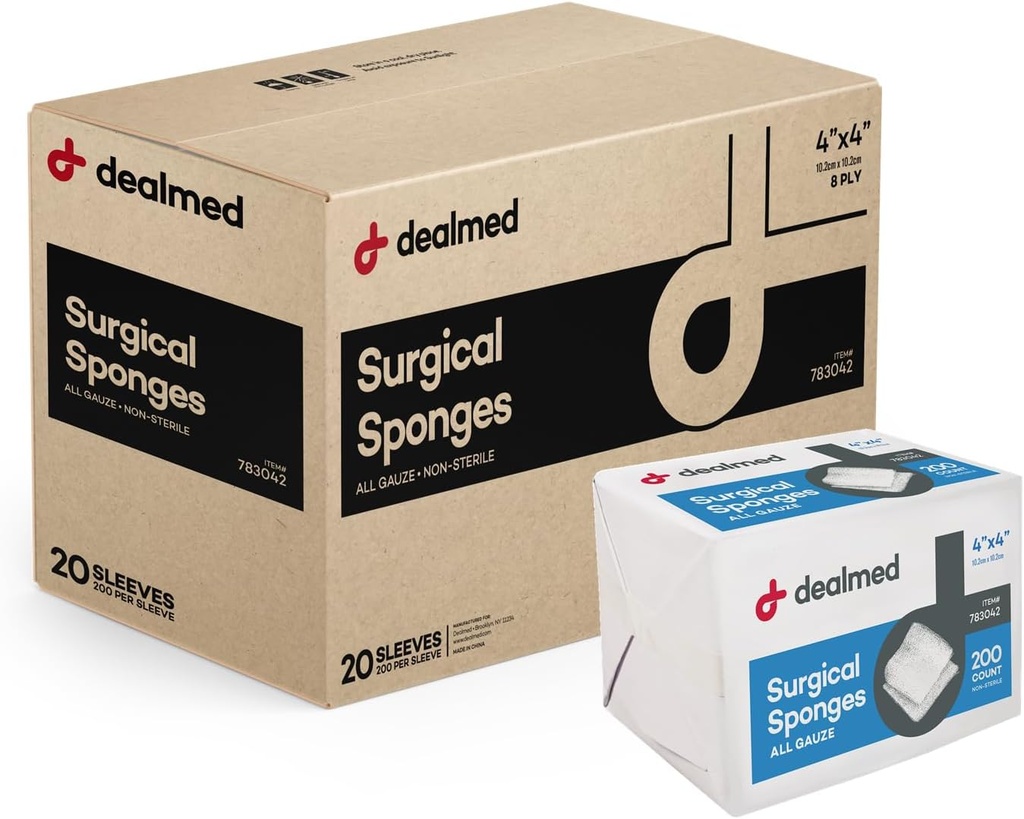 Esponjas quirúrgicas de 4" x 4", 8-Ply, esponjas de Gauze no-Woven Absorbent para el cuidado de los heridos, kits de primeros auxilios e instalaciones médicas, 200 Cuenta (Caso de 20)