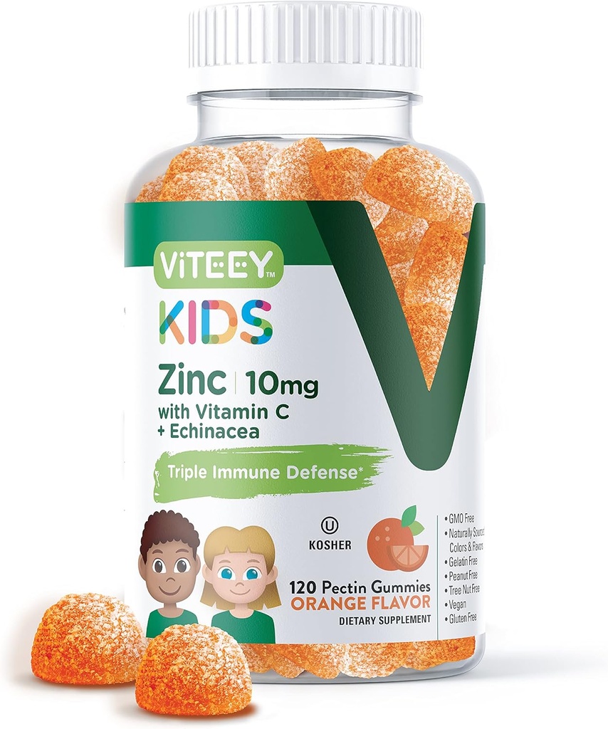 Viteey Zinc para niños Gummies 10mg, con vitamina C &amp; Echinacea - Soporte inmunitario, potente antioxidante natural, niños Zinc vitamina Suplemento - Vegan, Gelatin Gratis - Tasty Chewable Orange Flavor Gummy