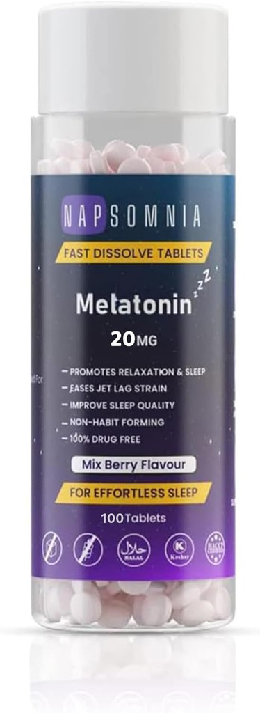 Melatonin Fast Dissolve Tablets – Mix Berry Chewable Melatonin Tablets - Non-Habit-Forming Melatonin Sleep Aid for Adults - Sugar Free Melatonin Tablets for Restful Sleep ← 20 MG (100)