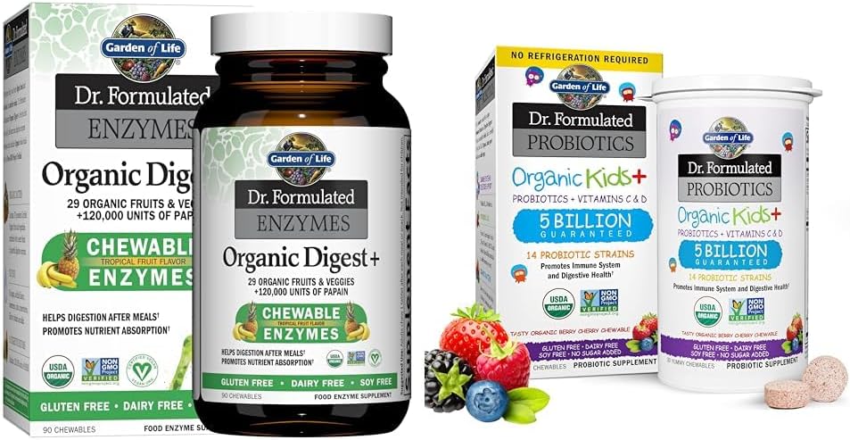 Garden of Life Dr Formulated Digestive Enzymes with Papain, Bromelain " Dr. Formulated Probiotics Organic Kids+ Plus Vitamin C " D - Berry Cherry