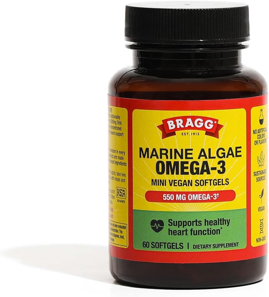 Bragg Omega-3 Suplemento cápsulas con DHA y EPA - 60 Vegan Softgels - Algas Marinas Sosteniblemente Cumplidas - Apoyo Ojo y Salud Cerebro