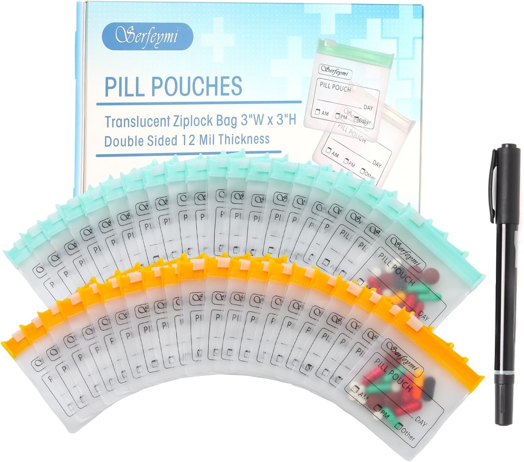 Serfeymi 48 Pcs Pill Pouch Bags for Travel Reusable Plastic Bags 3x3 Inch 12 mil (Double Sided) Translucent Zippered Pill Pouches for Medicine with Slide Lock & Writable Label, 1Pc Marker-Green+Yellow
