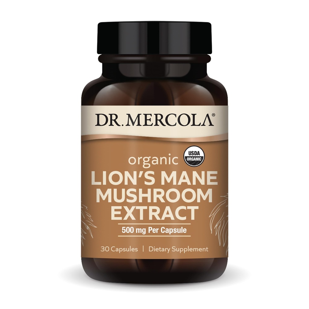 Dr. Mercola Organic Lion's Mane Mushroom Extract, 30 cápsulas 500 mg Organic Lion's Mane, Non-GMO, Gluten Free, Soy Free