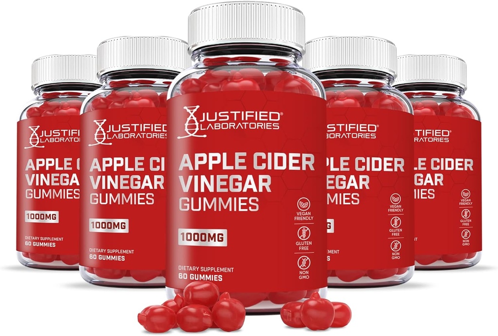 Justified Laboratories (5 Pack) Apple Cider Vinegar Gummies 1000MG ACV with Pomegranate Juice Beet Root B12 300 Gummys