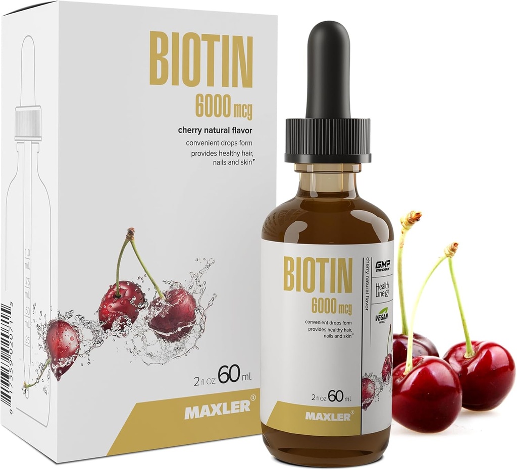 Maxler Liquid Biotin Drops - Vegan Biotin Vitaminas para la piel del cabello y uñas - Biotin Suplemento para el metabolismo de los carbohidratos, proteínas & grasas - 6000mcg de Biotin Liquid Por Serving - Cherry Flavor