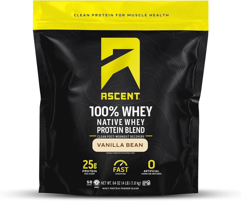 Ascent 100% Whey, Native Whey Protein Blend - Clean Post Workout Recovery, Digesting, Zero Artificial Flavors &amp; Sweeteners, Gluten Free, 5.5g BCAA, 2.6g Leucine, Vanilla Bean 4 lb.