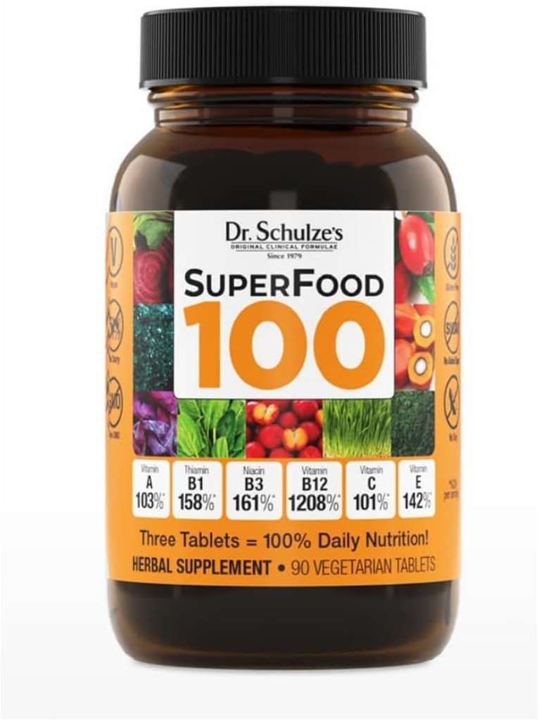 SuperFood 100 del Dr. Schulze - Suplemento de Superalimentos diarios para apoyar el bienestar general - Mutivitamin Support for Cellular Nutrition &amp; Energy - Clean Ingredients - Gluten-Free &amp; Dairy-Free - 90 Count