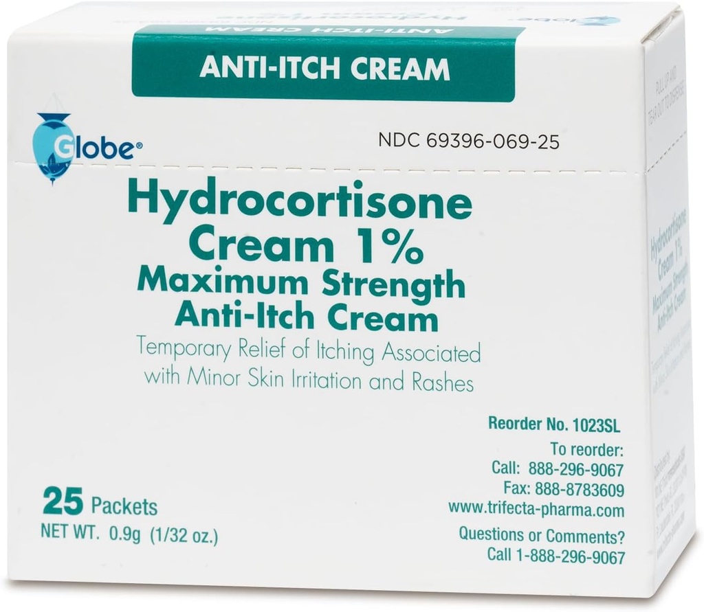Globo (Box 25 Hidrocortisona 1% Crema Máxima de Fuerza, (0.9g Packet) Crema Anti-Itch para el Enrojecimiento, Hinchazón, picazón, Rash, Bites de Bug, Eczema, Más
