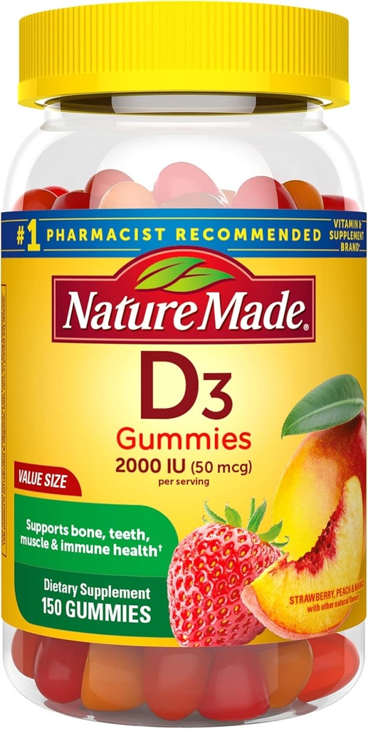 Nature Made Vitamina D3, 150 Gummies, Vitamina D 2000 UI (50 mcg), Gummies de vitamina D Para adultos ayuda a apoyar la salud inmune, huesos fuertes y dientes, " Función muscular, 250% del valor diario para la vitamina D