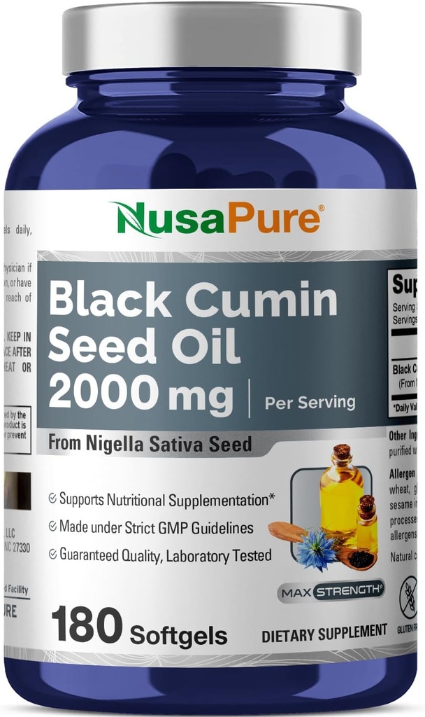 NusaPure Black Seed Oil 2000mg por Serving - 180 Softgel Caps (No-GMO, sin gluten) Cold-Pressed Nigella Sativa
