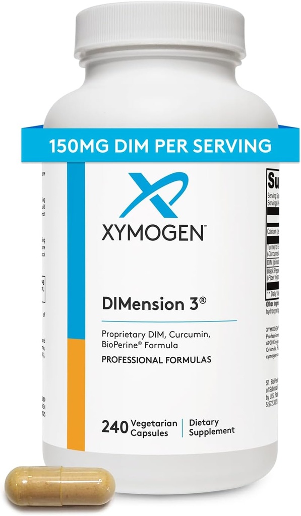 XYMOGEN Dimension 3 - Diindolylmetano DIM Suplemento con Curcumin + BioPerine - Apoyos Estrógeno Saludable Detox, Saldo hormonal para Mujeres y Hombres - Alivio de la menopausia + Soporte PMS (240 cápsulas)