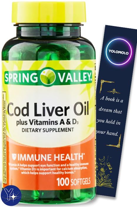Cod Liver Oil Plus Vitamins A & D3 Immune Health Dietary Supplement Softgels Spring Valley, 100 Count and Bookmark Gift of YOLOMOLO