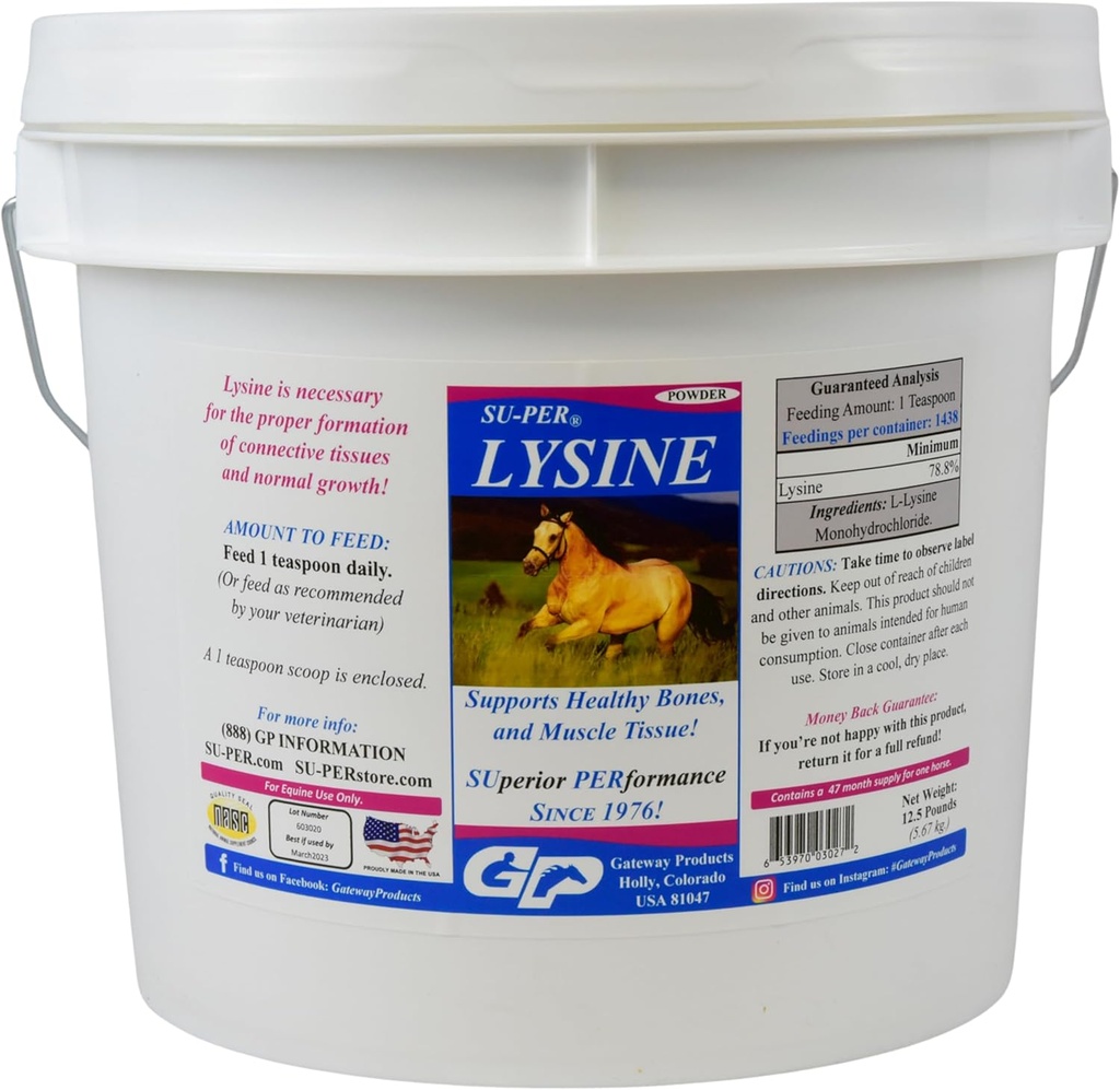 SU-PER Lisina Suplemento para Caballos - Soportes Huesos saludables & músculo Tissues - Aminoáccido esencial equino - 12,5 libras, 47 meses fuente