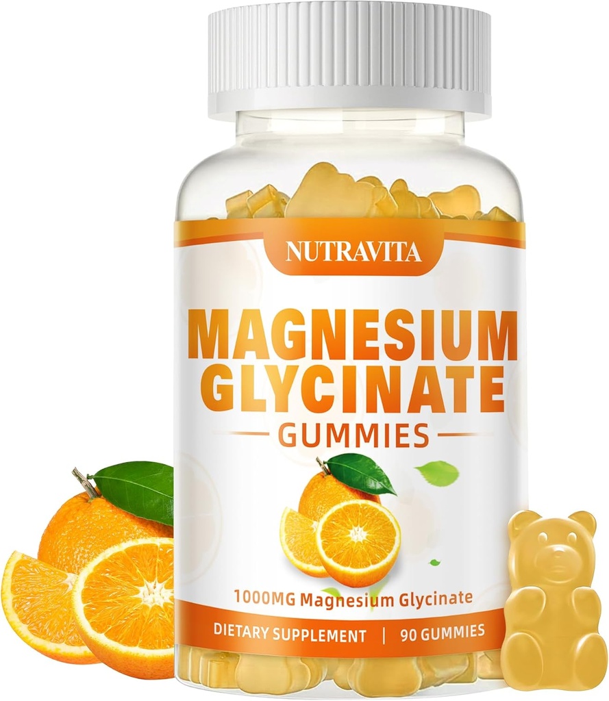 Magnesium Glycinate Gummies 1000mg con Magnesium L-Threonate, Magnesio Chelated Potassium Complex Suplemento con VitD, B6, CoQ10, Calcio,Apoyos para la memoria, calma, humedad - 90 Gummies Orange