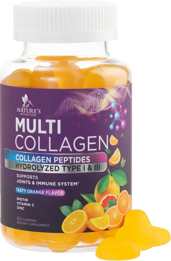 Collagen Peptides Gummies con 2500 mcg Biotina - Hidrolyzed Protein Tipo I & III Multi Collagen Suplemento con Vitamina C & Zinc - Soporte para el cabello, la piel, las uñas, sabor naranja sabroso - 60 Gummies