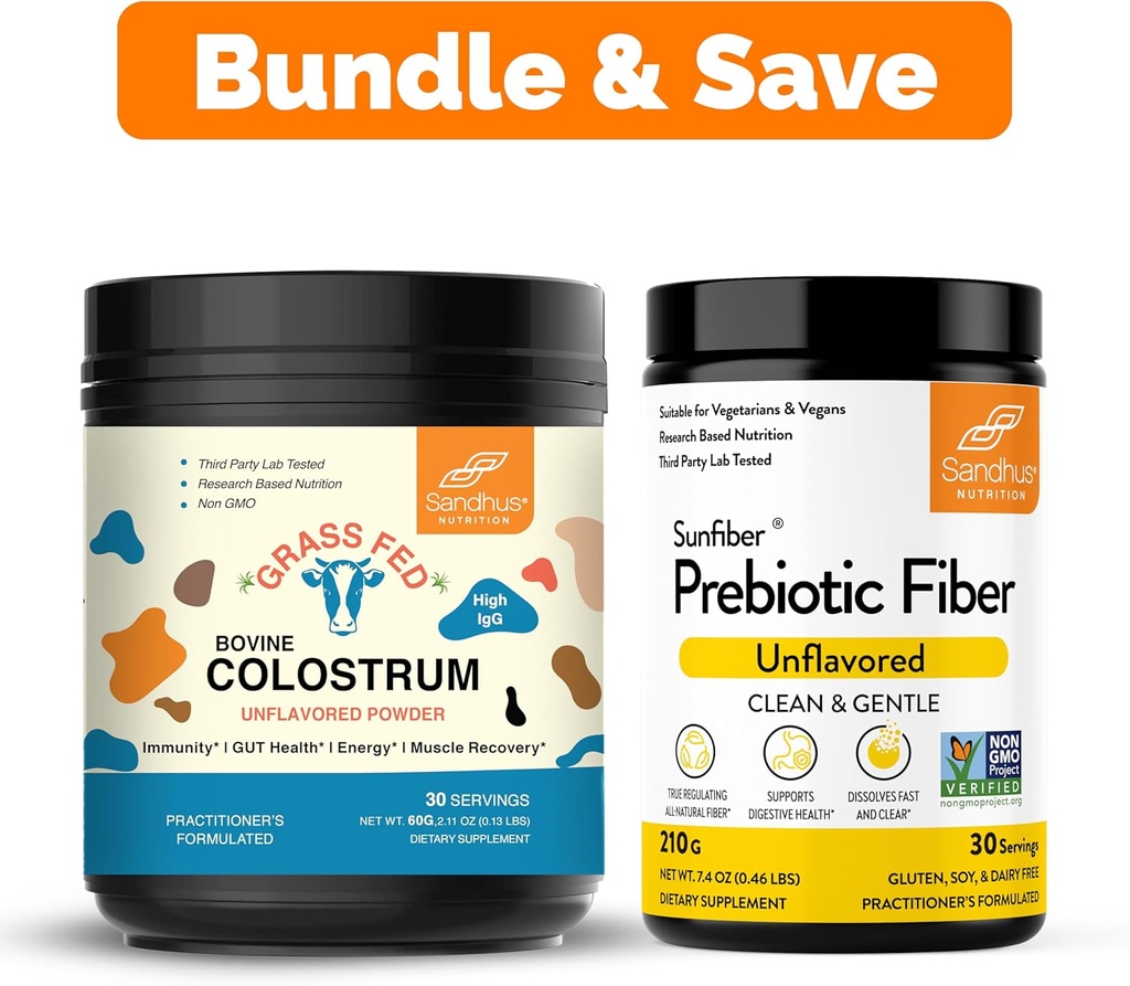 Sandhu's Pure Bovine Colostrum Powder Supplement for Humans 30 Servings & Prebiotic Fiber Supplement Powder soporta Immune, Gut, Digestive & Colon Health