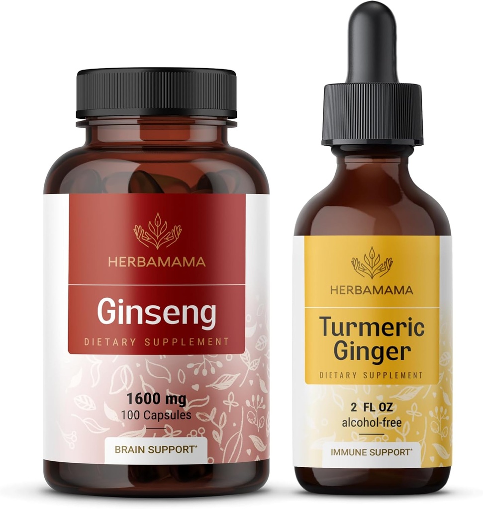 HerBAMAMA Coreano Red Ginseng y Turmeric Ginger Kit - Bundle of Korean Panax Ginseng Capsules " Turmeric Ginger Liquid Drops - Vegan, Non-GMO, Sugar " Alcohol-Free - 2 Pack