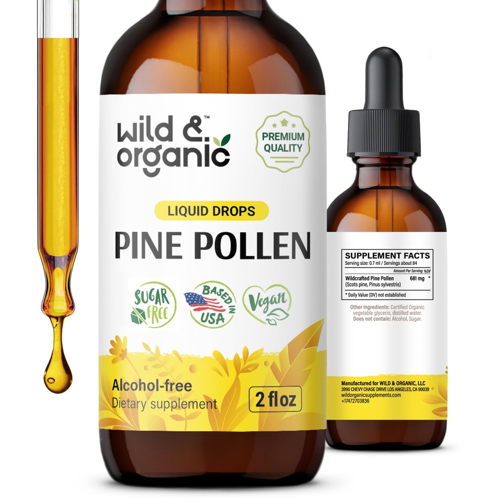 Wild & Organic Pine Pollen Tincture - Antioxidant &amp; Immune Support - Pine Pollen Extract Drops - Vegan, Sugar &amp; Alcohol-Free Liquid Supplement - 2 fl oz