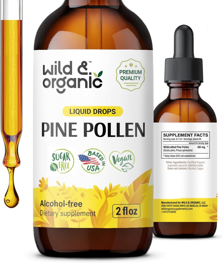 Wild & Organic Pine Pollen Tincture - Antioxidant &amp; Immune Support - Pine Pollen Extract Drops - Vegan, Sugar &amp; Alcohol-Free Liquid Supplement - 2 fl oz