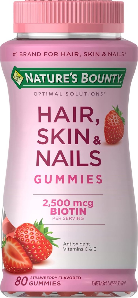 Bounty Optimal Solutions Hair, Skin & Nails Vitamin Gummies with Biotin, 2500 mcg, Strawberry, 80 Count, 40 Total Servings