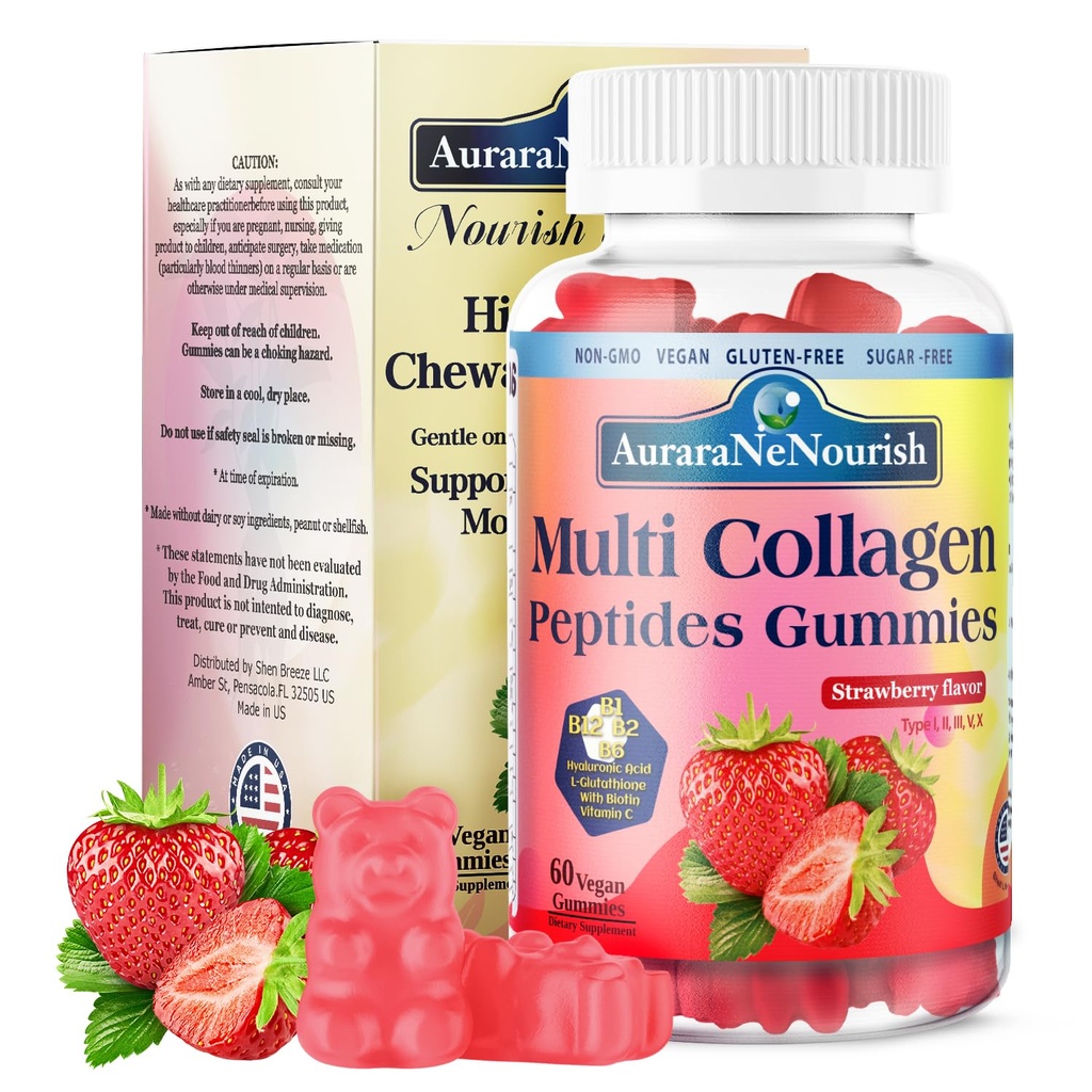Multi Collagen Peptides Gummies, Azúcar Hidrolyzed 5000mg Protein丨Type I,II,III,V,X con Biotina Ácido Hialurónico Vitamina C A D B6 B12 L-Glutathione para el cabello de piel Bono Conjunto de uñas -Strawberry Gummies