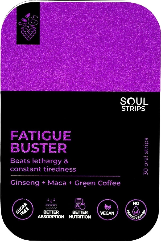 Soul Strips Fatigue Buster - Ginseng, Maca, Green Coffee, Energy Booster, Reduces Mental & Physical Fatigue, Quick Absorb, Mixed Berries Flavor, Travel-Friendly, 30 Fast-Dissolving Strips Pack