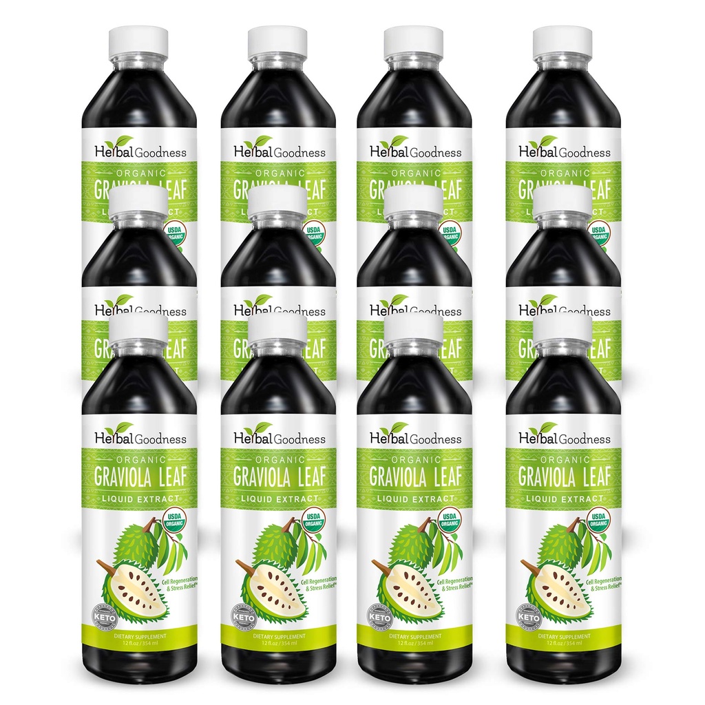 Herbal Goodness Graviola Leaf Extract 15X Strength - Soursop (Guanabana) Leaves Liquid USDA Organic Non-GMO Kosher Cell Support " Regeneración " Stress Relief Immune Boost 12(12oz) btls