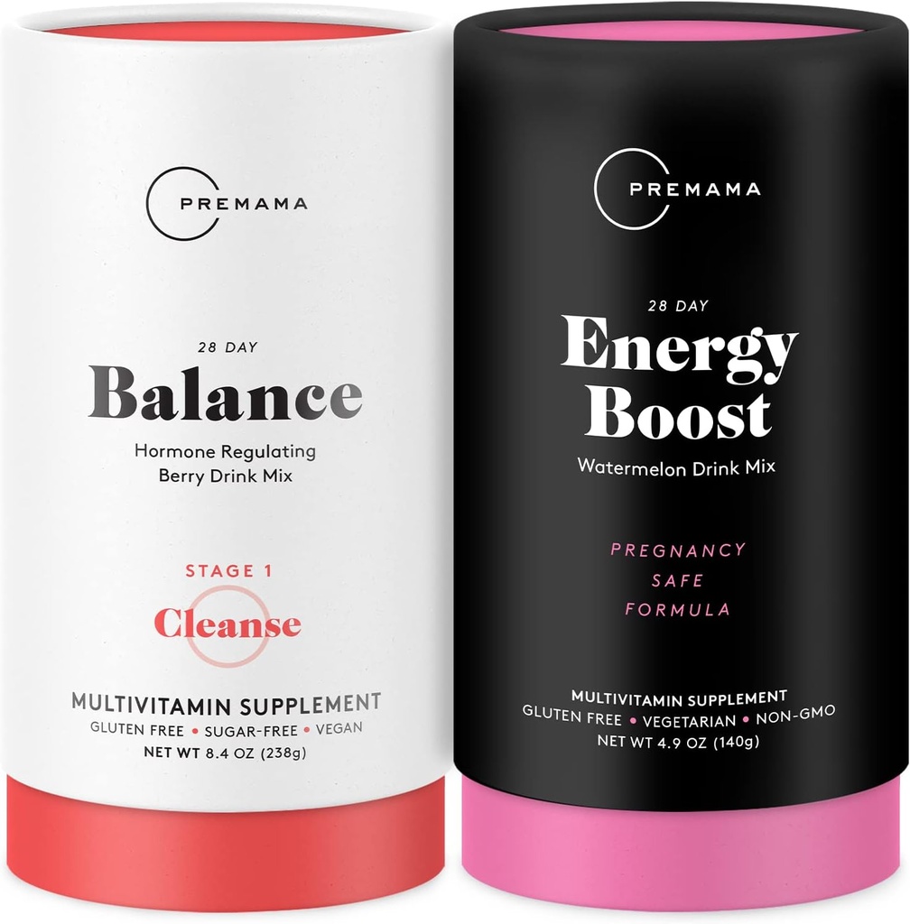 PREMAMA Prenatal Energy Boost &amp; Hormone Balance Drink Mix Bundle, Stim Free Energy for PMS, Menopause, Prenatal, 28 Servings