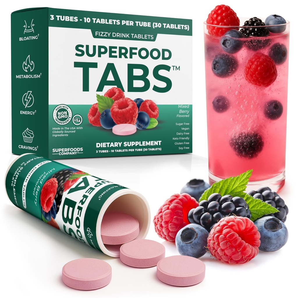 Superfood Tabs Superfoods Company Detox Cleanse Drink - Supplement for Women & Men- Support Healthy Weight- Improve Digestive Health & Bloating Relief - Mixed Berry Flavor [30 Tablets]