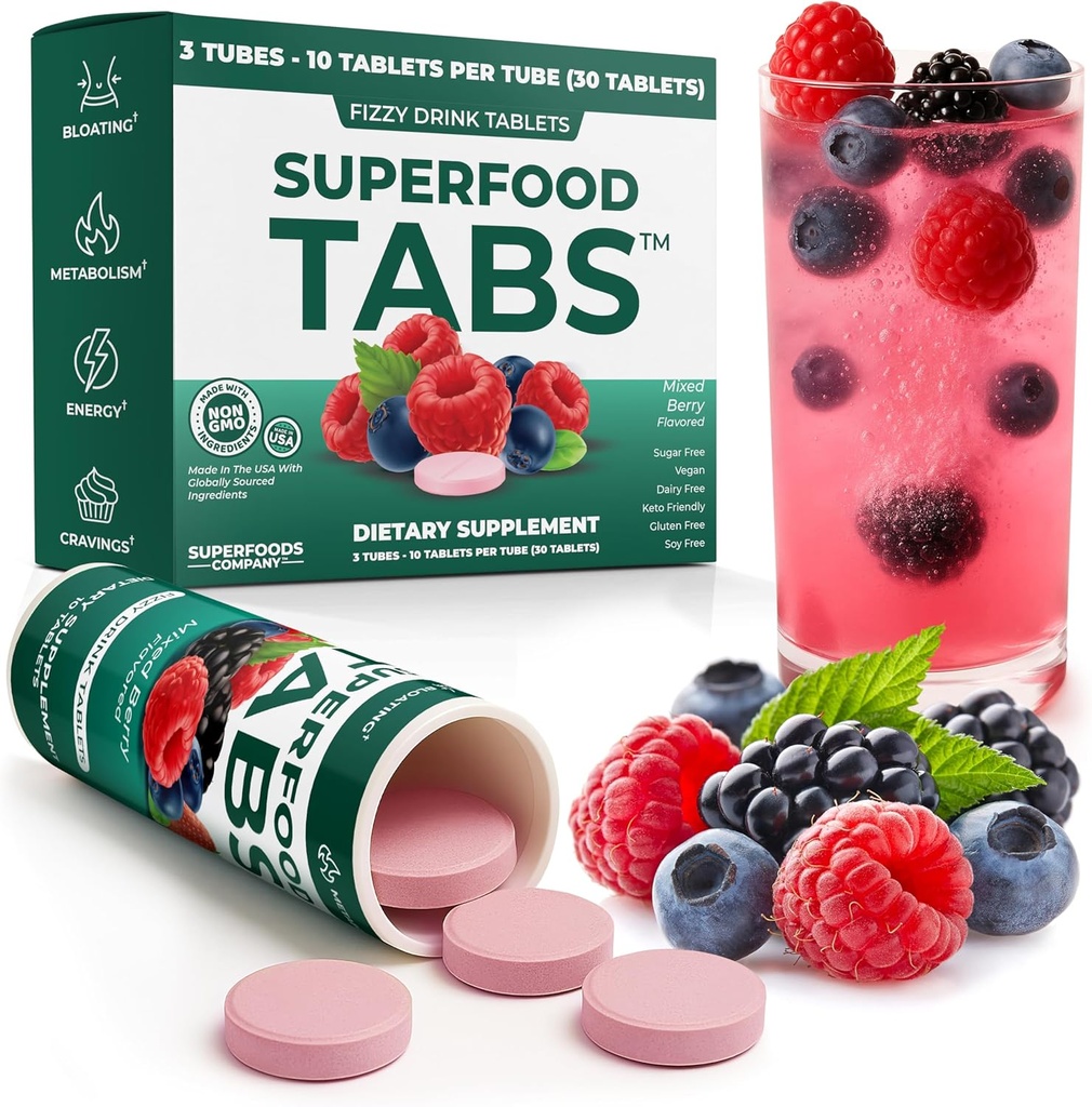 Superfood Tabs Superfoods Company Detox Cleanse Drink - Supplement for Women &amp; Men- Support Healthy Weight- Improve Digestive Health & Bloating Relief - Mixed Berry Flavor [30 Tablets]