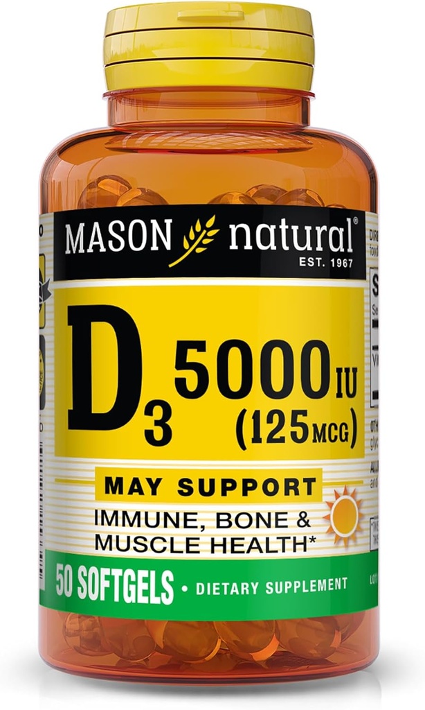MASON NATURAL Vitamina D3 125 mcg (5000 UI), soporta el hueso, el músculo &amp; la salud inmunitaria, del aceite de hígado de pescado, 50 Softgels, paquete de 3