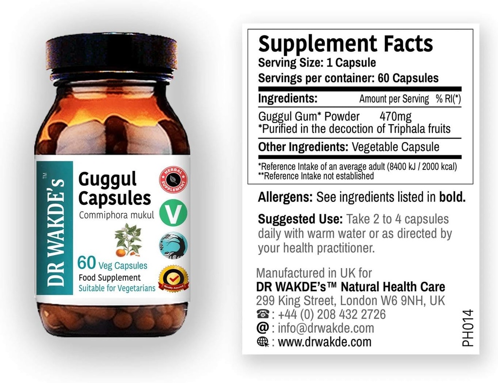 Capsulas Guggul de DR WAKDE (Mirra de Mukul, Commiphora Mukul, 60 caps de Veg, Suplemento de base vegetal, hierba ayurvédica, todo natural, vegano)