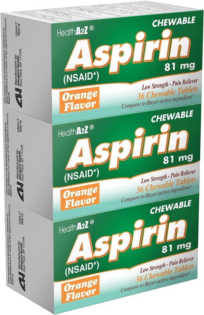 HealthA2Z® Aspirin 81mg ← Tablas cortables de baja resistencia ← Alivio del dolor de cabeza " Reductor de fiebre  durable Orange Flavor  durable Reduce los dolores menores, dolor de cabeza " dolor muscular TENCIÓN 36 Conde (Pack of 3)