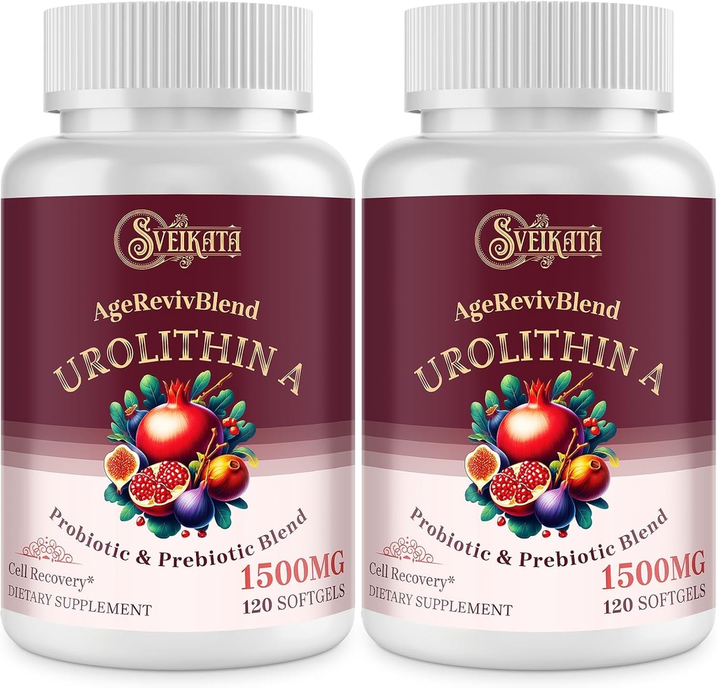 Urolithin A Supplement 1500mg – Advanced Urolithin Formula with Probiotic & Prebiotic Complex and 30% Pomegranate Extract – for Energy, Mitocondrial " Antioxidants – 120 Softgels (2 Bottles)