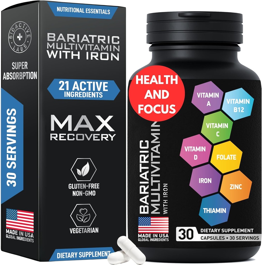 Bariatric Multivitamin with Iron for Women ' Men - Post Gastric Bypass Vitaminas and Gastric Sleeve Bariatric Iron Vitamin Multivitamins -No Gluten-Free -One a Day, 30 Capsules